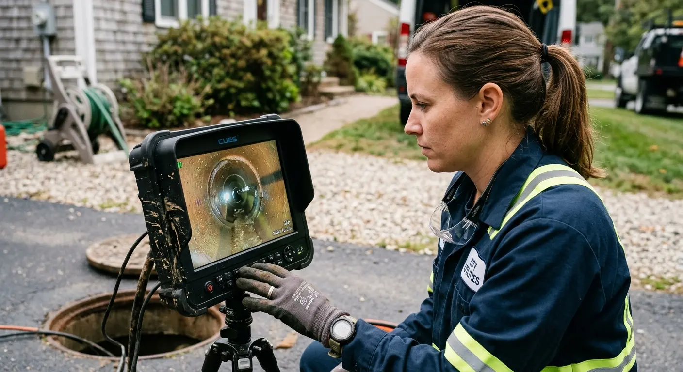 Technician reviewing sewer camera inspection footage in Anacortes
