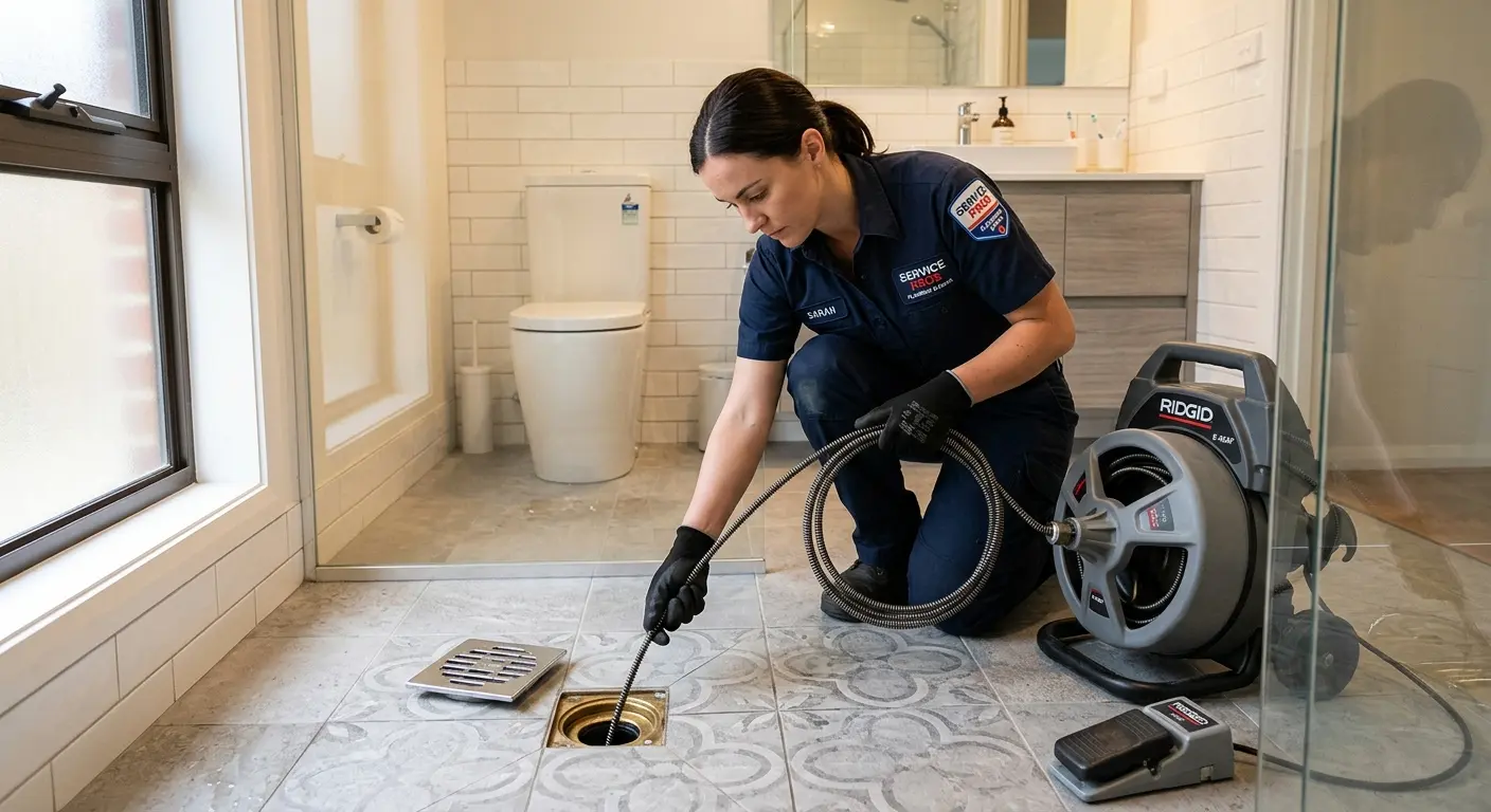 Technician clearing a bathroom floor drain for Drain Cleaning in Anacortes